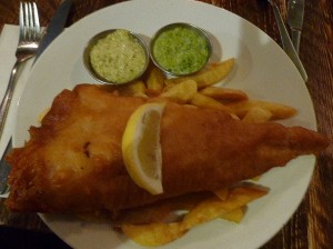 Fish and chips looks good.   But ? pea does not look good, thought this is green mayonnaise. 