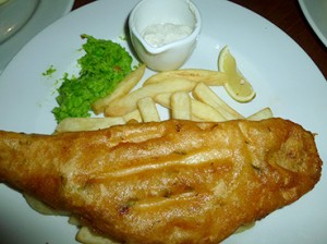 Fish & chips £11.50 sustainably caught hake in a cider batter with pea puree, tartare & chip shop chips £11.50
